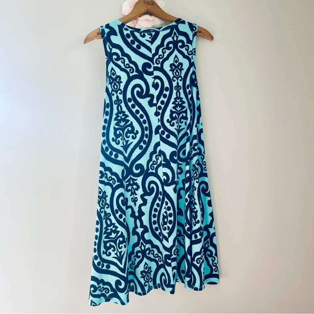 Beacon River Sleeveless Tank Dress Small Damask Print Teal Green Navy Blue - Picture 8 of 9